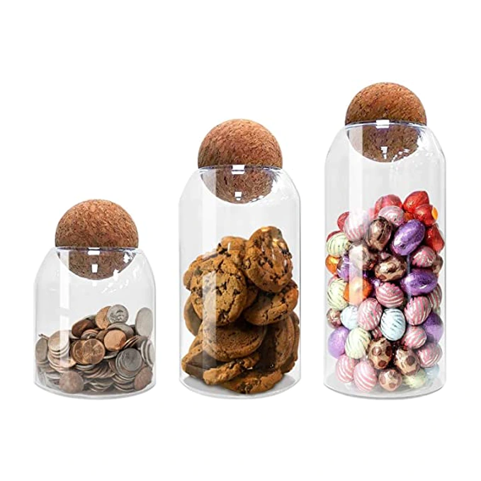 VOIDROP ,Set of 3 Glass Food Storage Jars with Airtight Cork Lid (300ML,500ML,1000ML)