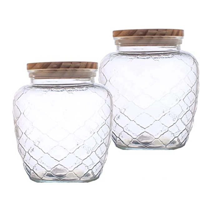 VOIDROP Set of 2 Airtight Glass Storage Canister Mesh Jar with Wood Lid (60oz)1750ml