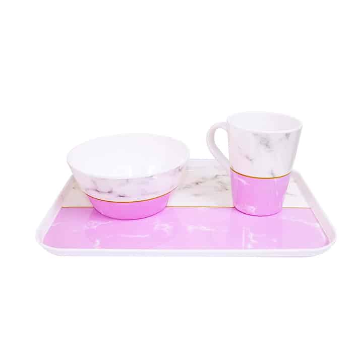 Breakfast and Snack 3 Pcs Multipurpose Combo, Set of Bowl & Cup with Tray – Pink