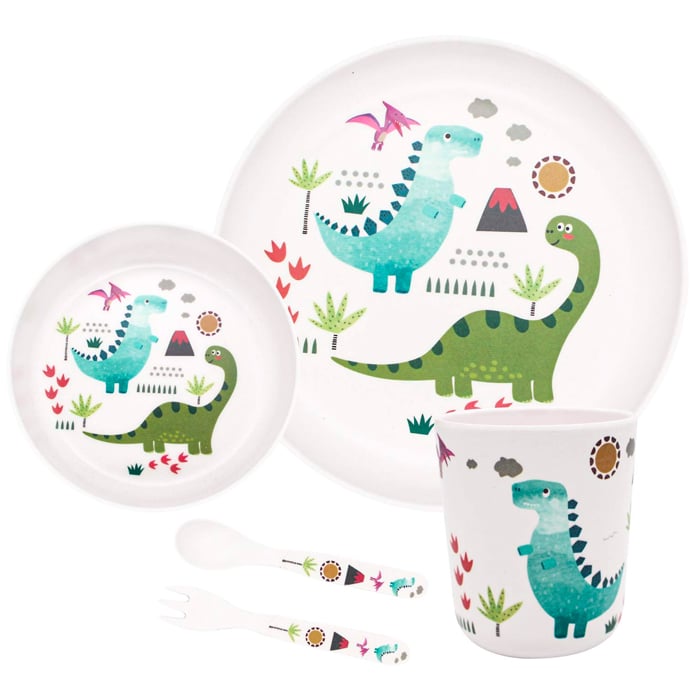 Melamine Dinosaur Design Kid’s Dinner Set, 5-Pieces (1 x Plate, 1 x Bowl, 1 x Glass, 1 x Spoon, 1 x Fork)